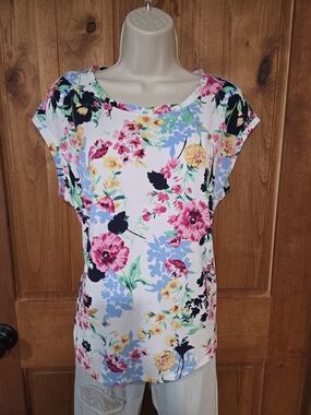 Elle White Floral Scoop-Neck Top with Pink, Blue & Yellow Blooms